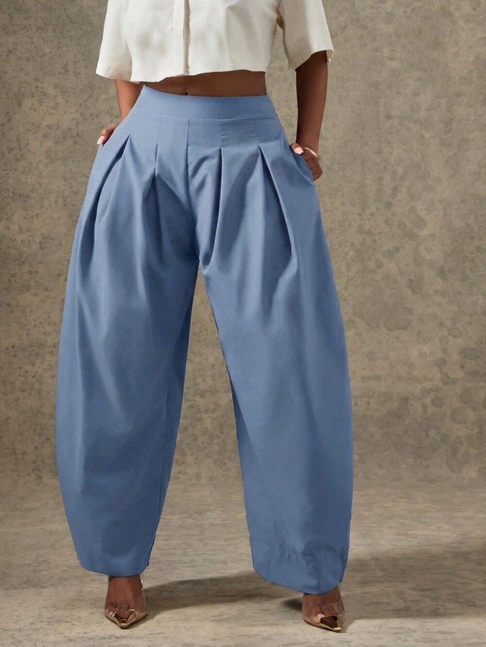 Dusty Blue Casual Women's High Waist Pleated Detail Barrel Leg Office Pants